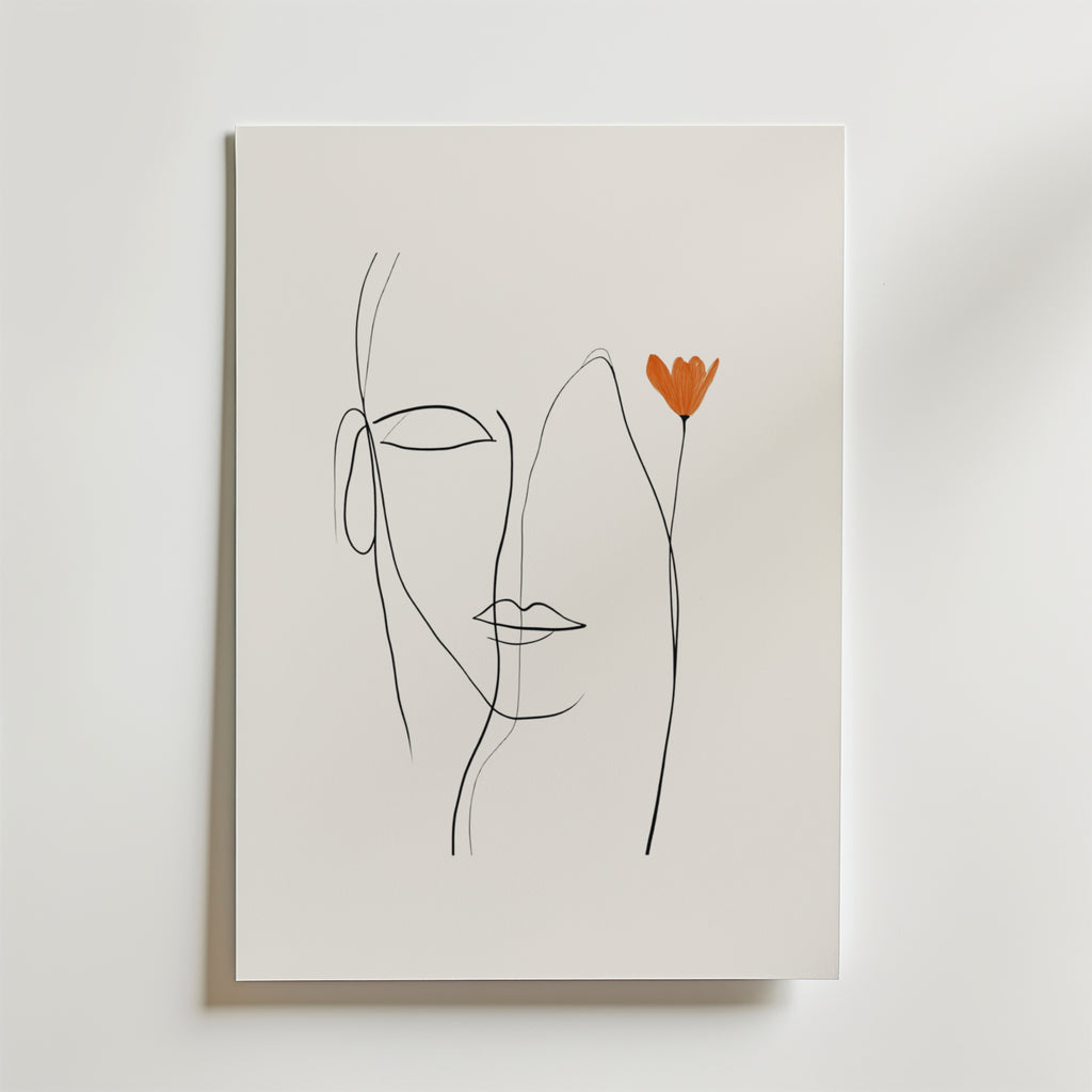 Bozetto Orange Flower Line Face Poster har en minimalistisk linjeteckning av en profil med en orange blomma på en vit bakgrund, tryckt på premiumpapper med en matt finish för ett elegant och raffinerat utseende.