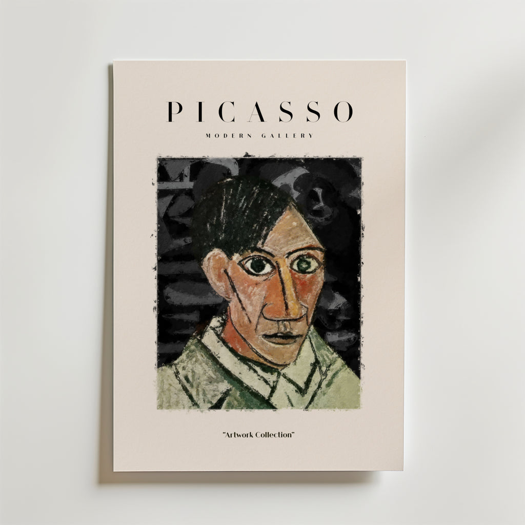 Bozetto Picasso Somber Self Portrait Poster visar en abstrakt självporträtt i Picassos stil, med "PICASSO Modern Gallery" ovanför och "Artwork Collection" under, perfekt för konstnärlig inredning på en ljus bakgrund.
