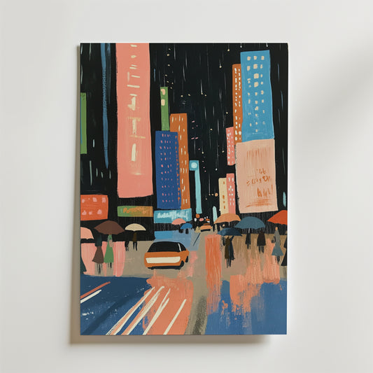 Bozetto Midnight Drizzle Poster visar en livlig stadsgata på natten med neonljus, färgglada höga byggnader, paraplyer och en bil på en våt väg, tryckt på FSC-certifierat premiumpapper.