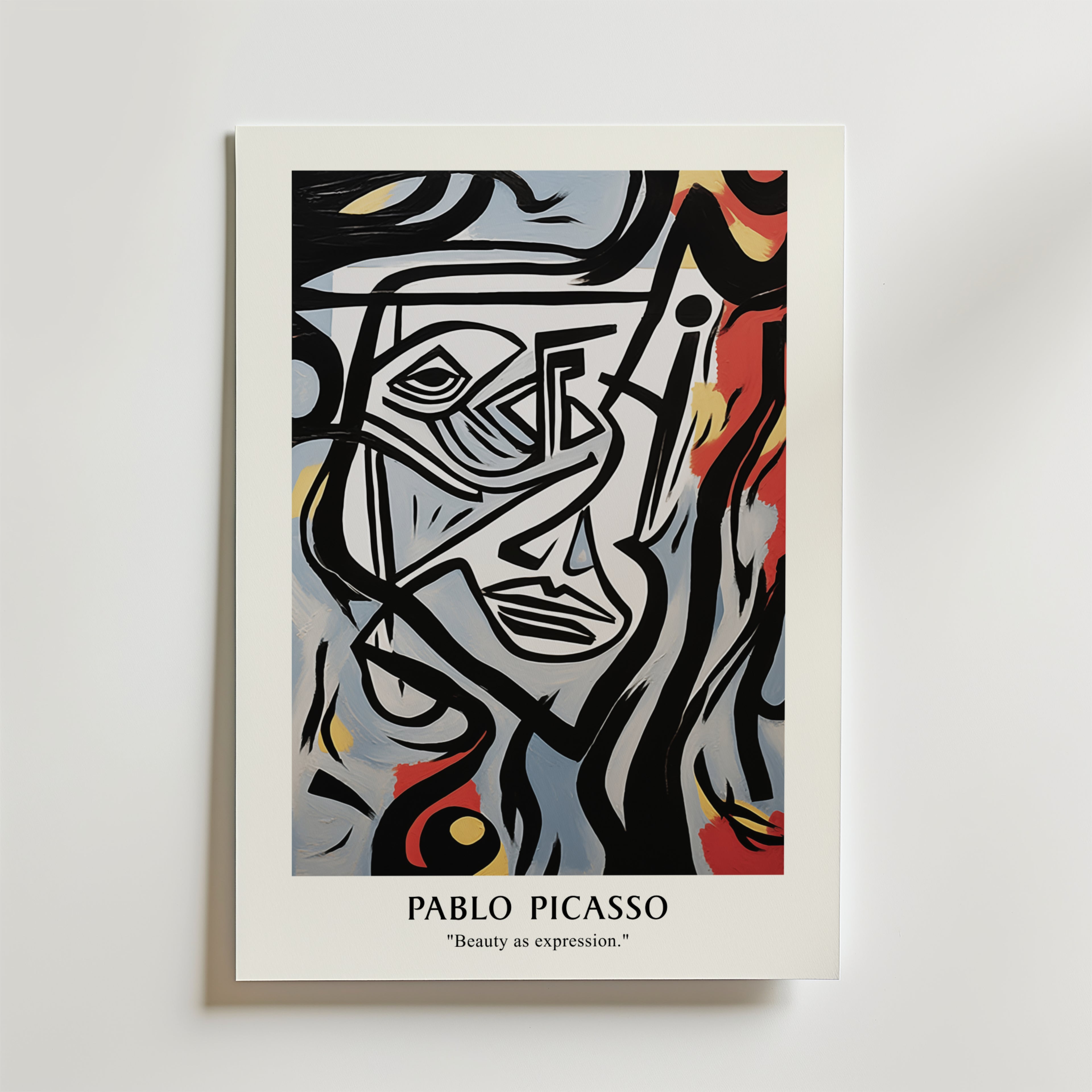 Postern Picasso Layers Of Emotion från Bozetto visar abstrakt konst i Picasso stil med geometriska former, uttrycksfulla ansikten och abstrakta linjer i rött, gult, grått och blått. Texten nedanför lyder "Pablo Picasso" och "Beauty as expression".