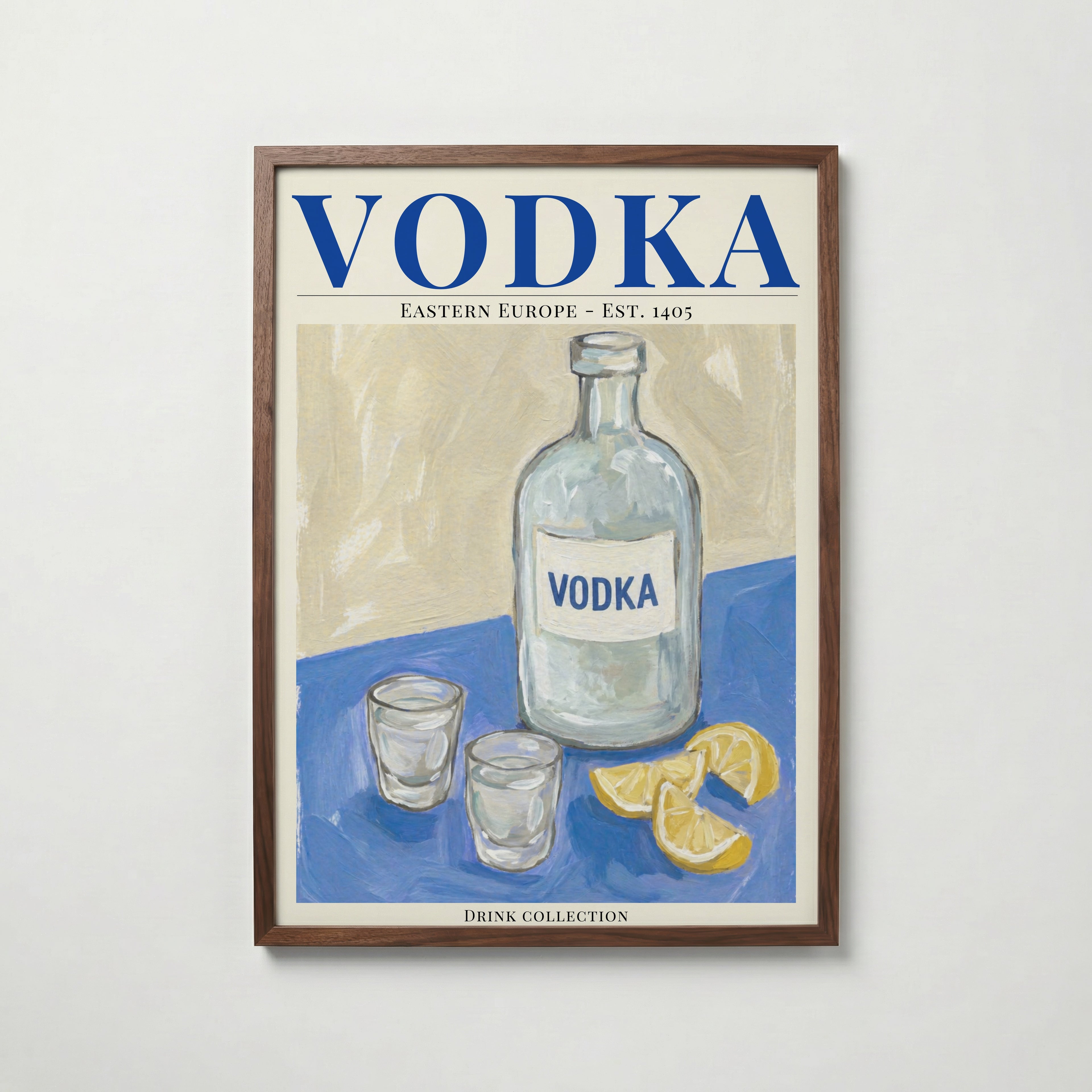 Vodka affisch i valnötsram – mörkbrun inramning med exklusiv känsla, Bozetto i hög tryckkvalitet