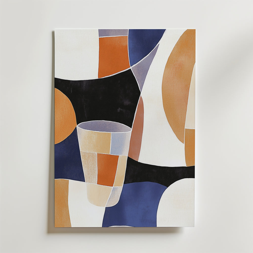 Bozetto Abstract Shapes Poster föreställer orange, blå, svart och beige geometriska former med överlappande kurvor och rektanglar mot en vit bakgrund, tryckt på premiumpapper. En koppliknande form visas i det nedre vänstra området.