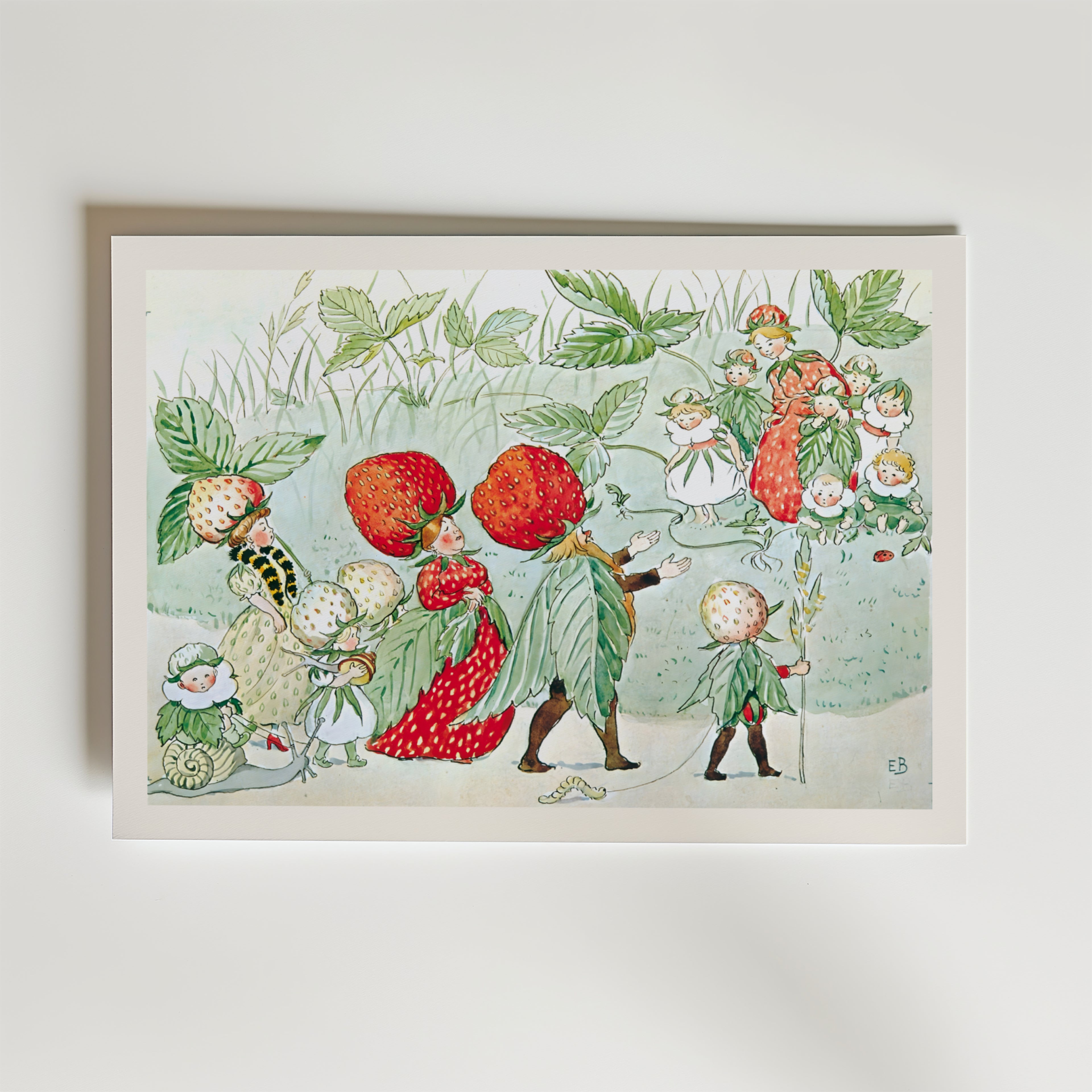Elsa Beskow Jordgubbens folk Poster – En lekfull och färgstark illustration av Elsa Beskow där små sagoväsen lever bland