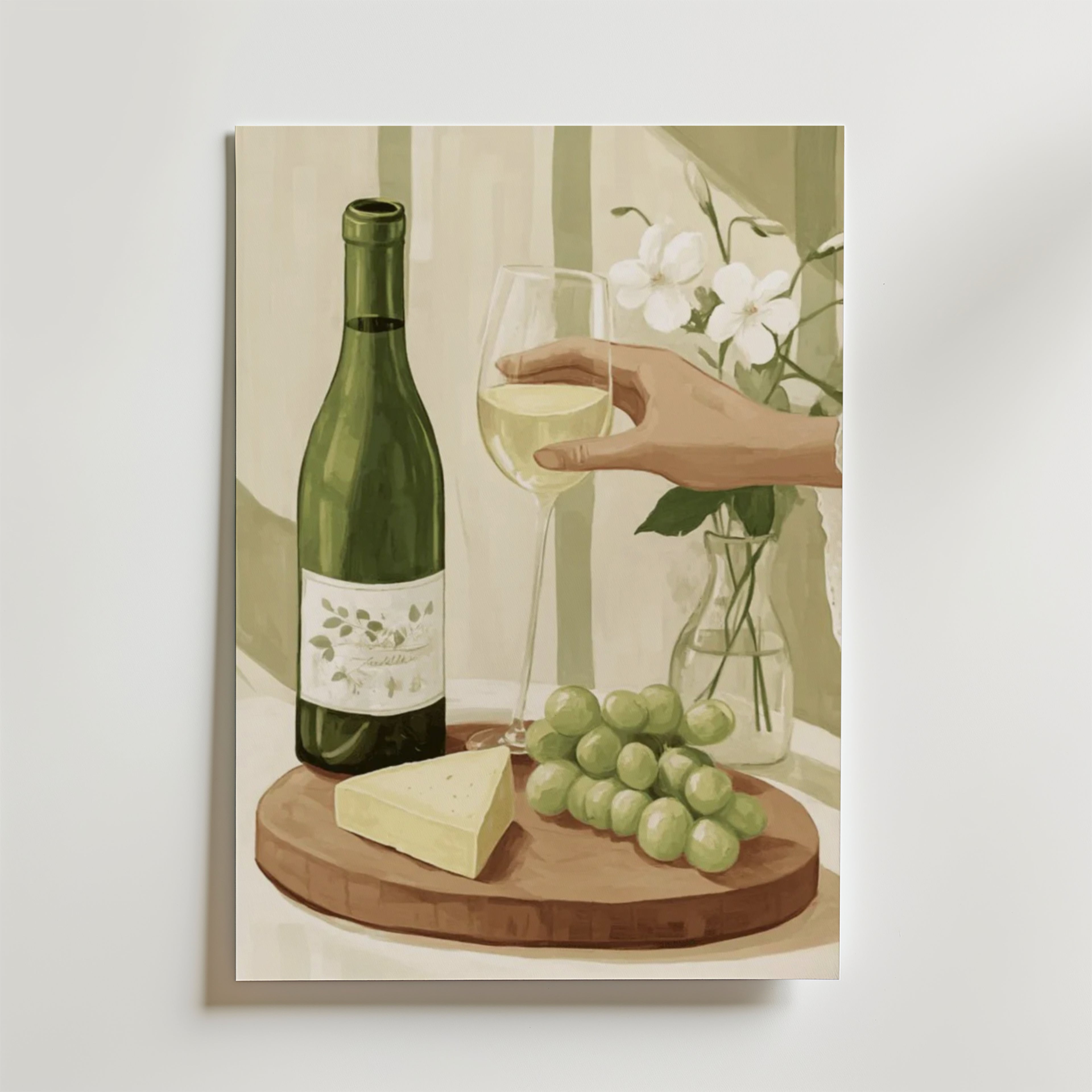 Grapes And Wine Poster" från Bozetto föreställer en hand med ett glas vitt vin, ost, druvor och vita blommor, allt i högkvalitativ finish på FSC-certifierat premiumpapper.