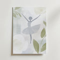Flower Dancer Poster by Bozetto föreställer en minimalistisk ballerina i tutu med armarna i vädret, omgiven av abstrakta blommor och gröna blad på en mjuk bakgrund, tryckt på premiumpapper.