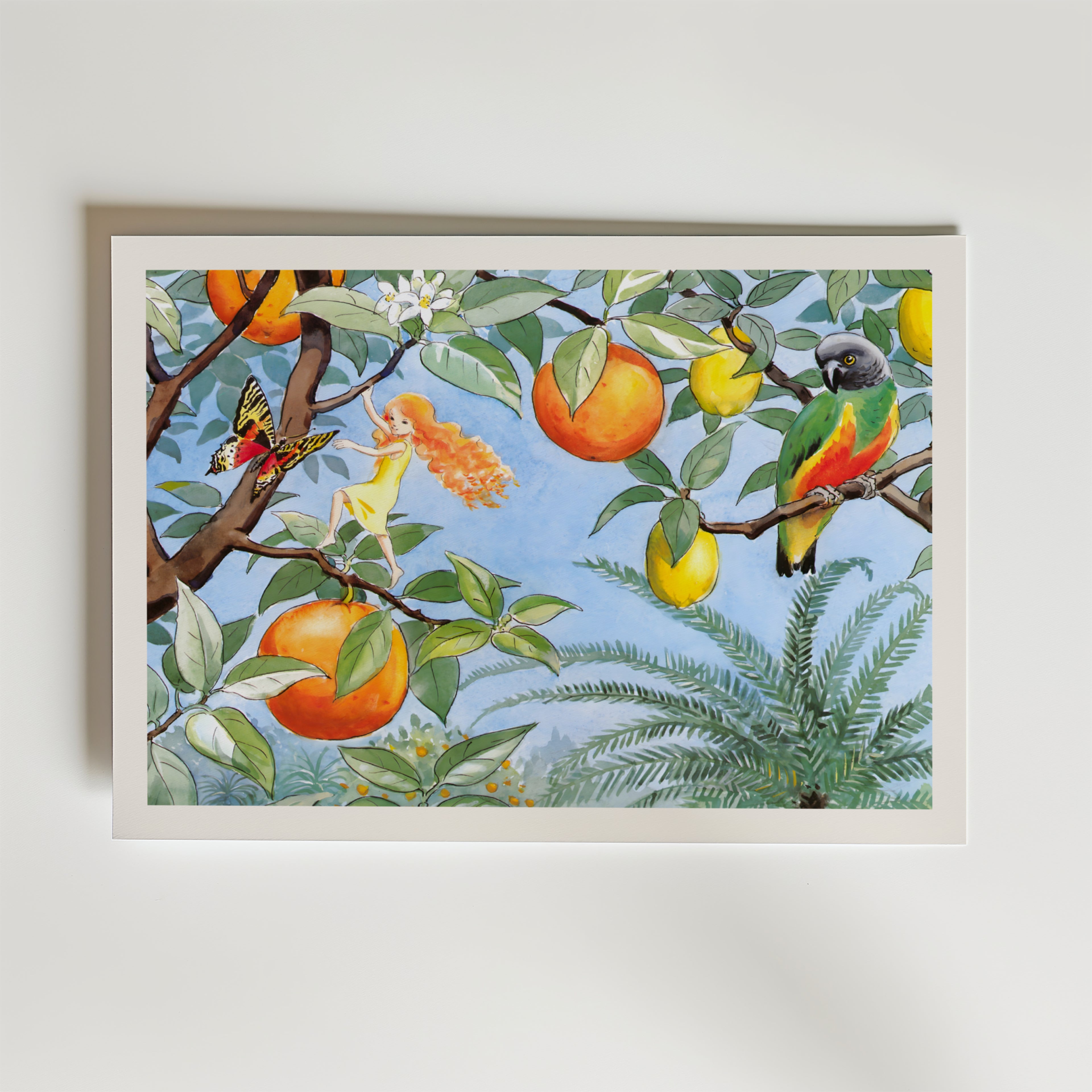 Elsa Beskow Solälvan i Apelsinträdet Poster – En färgstark och fantasifull illustration av Elsa Beskow där en liten älva rör 