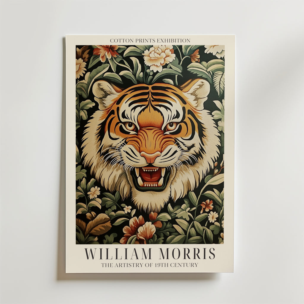 Bozetto Tiger Bloom William Morris Poster föreställer ett detaljerat tigerhuvud och dekorativa blommor, med texten: "William Morris: The Artistry of 19th Century. Cotton Prints Exhibition.