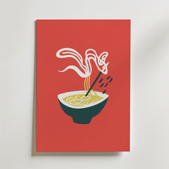 Steamy Ramen Bowl Poster by Bozetto har minimalistisk konst av nudlar som lyfts med ätpinnar över en ångande ramen bowl på en djärv röd bakgrund - en perfekt ramen tavla för att ge värme och stil till ditt rum.