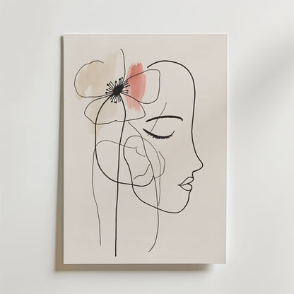 Bozetto Floral Line Art Woman Poster föreställer en kvinnas profil med slutna ögon, överlappad av en abstrakt pastellrosa och beige blomma, på en krispigt vit bakgrund. En elegant, minimalistisk väggkonst för alla utrymmen.