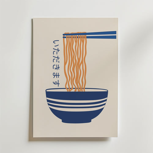 Bozetto Ramen Noodle Poster föreställer en minimalistisk skål med blå ränder och nudlar som lyfts med ätpinnar, tillsammans med vertikal japansk text いただきます, tryckt på FSC-certifierat premiumpapper.