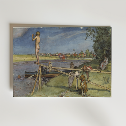 Bozetto-affischen "Carl Larsson A Pleasant Bathing Place From A Home" visar barn vid en flodstrand: ett står på en hopptorn, andra leker nära vattnet, en brun hund vilar i närheten, med hus och träd i bakgrunden.