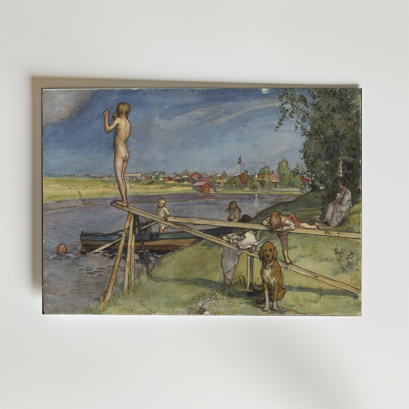 Bozetto-affischen "Carl Larsson A Pleasant Bathing Place From A Home" visar barn vid en flodstrand: ett står på en hopptorn, andra leker nära vattnet, en brun hund vilar i närheten, med hus och träd i bakgrunden.