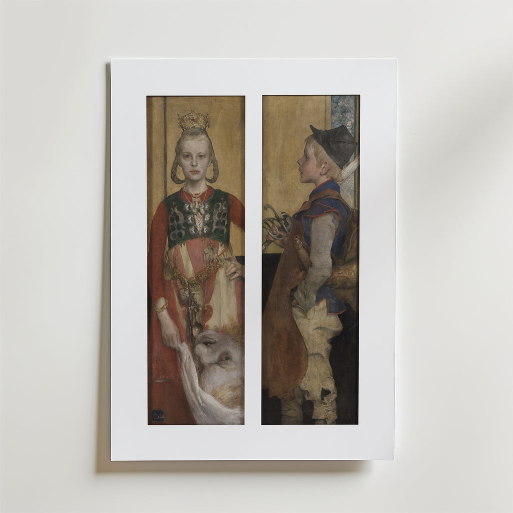 Bozetto "Carl Larsson A Swedish Fairy Tale Poster" har två paneler: till vänster, en krönt kvinna i folkdräkt med ett lamm; till höger, en pojke i rustika kläder och hatt som håller i en tupp. Inramat konstverk inspirerat av Carl Larssons stil.