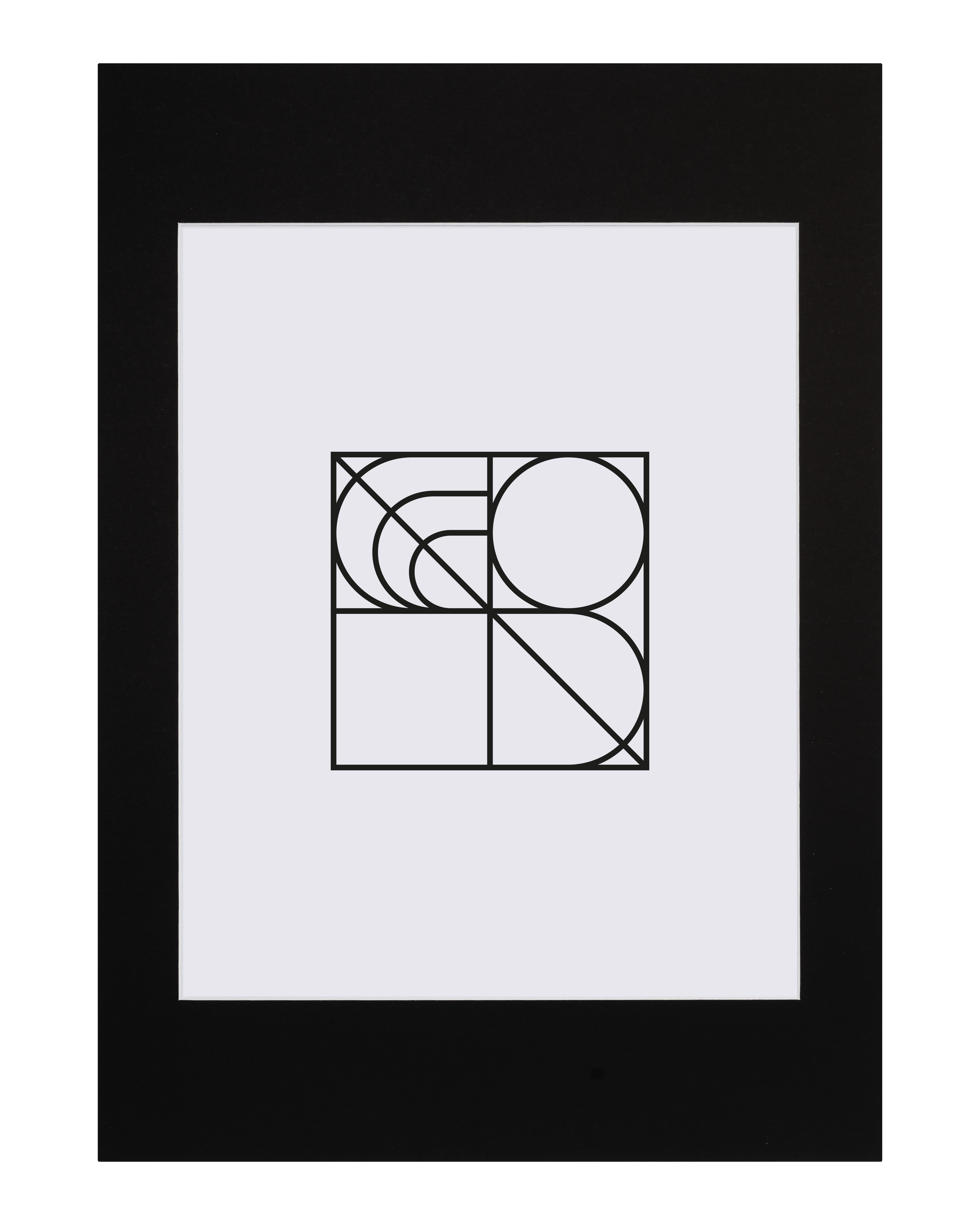 Ett minimalistiskt konsttryck med svarta geometriska former - kvadrater, cirklar och böjda linjer - på en vit bakgrund, inramat i Bozettos Innerram Svart för en modern touch.
