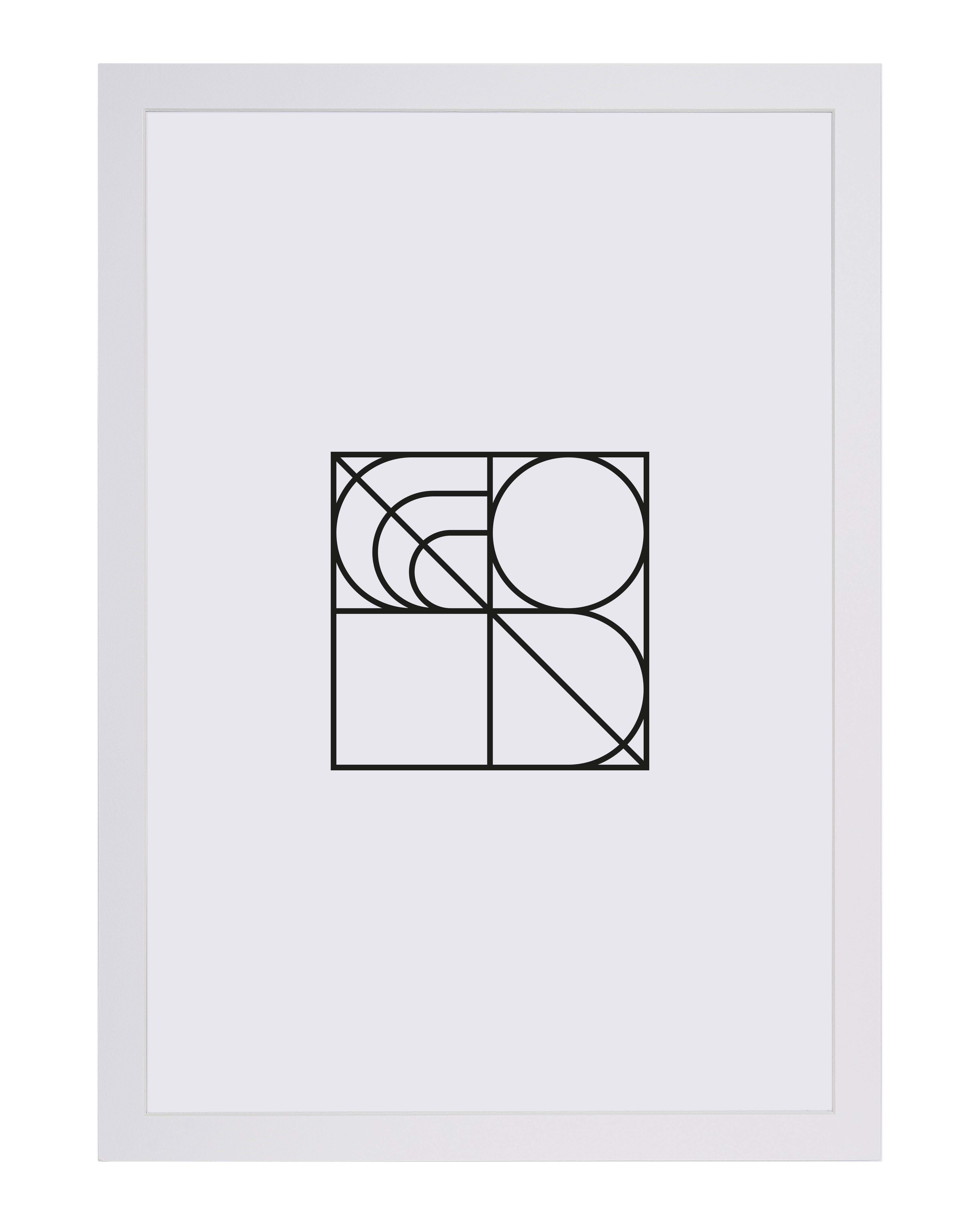 Minimalistisk svart geometrisk linjekonst i ramen Bozetto Innerram slim Vit. Fyra kvadrater med abstrakta kurvor, cirklar och bågar bildar en större kvadrat. Den vita bakgrunden framhäver den rena, minimalistiska ramdesignen.