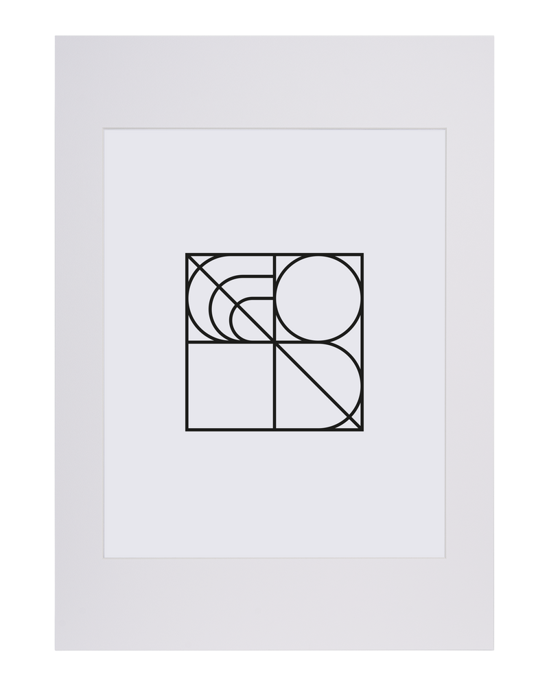 Minimalistisk svart geometrisk linjekonst med kvadrater, cirklar och kurvor arrangerade i ett rutnät på en vit bakgrund, elegant inramad med Bozettos Innerram Vit och en vanlig vit matta.