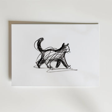 Minimalist Walking Cat Poster – En stilren och uttrycksfull poster föreställande en katt i rörelse, skapad med snabba,