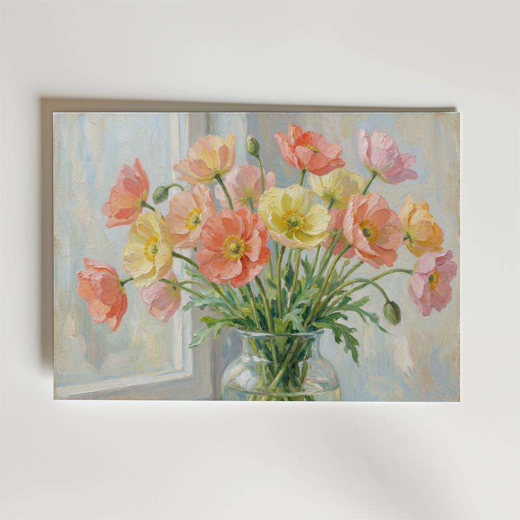 Pastel Poppy Bouquet Poster – Ett mjukt och elegant konstmotiv där en bukett vallmoliknande blommor i pastelltoner står
