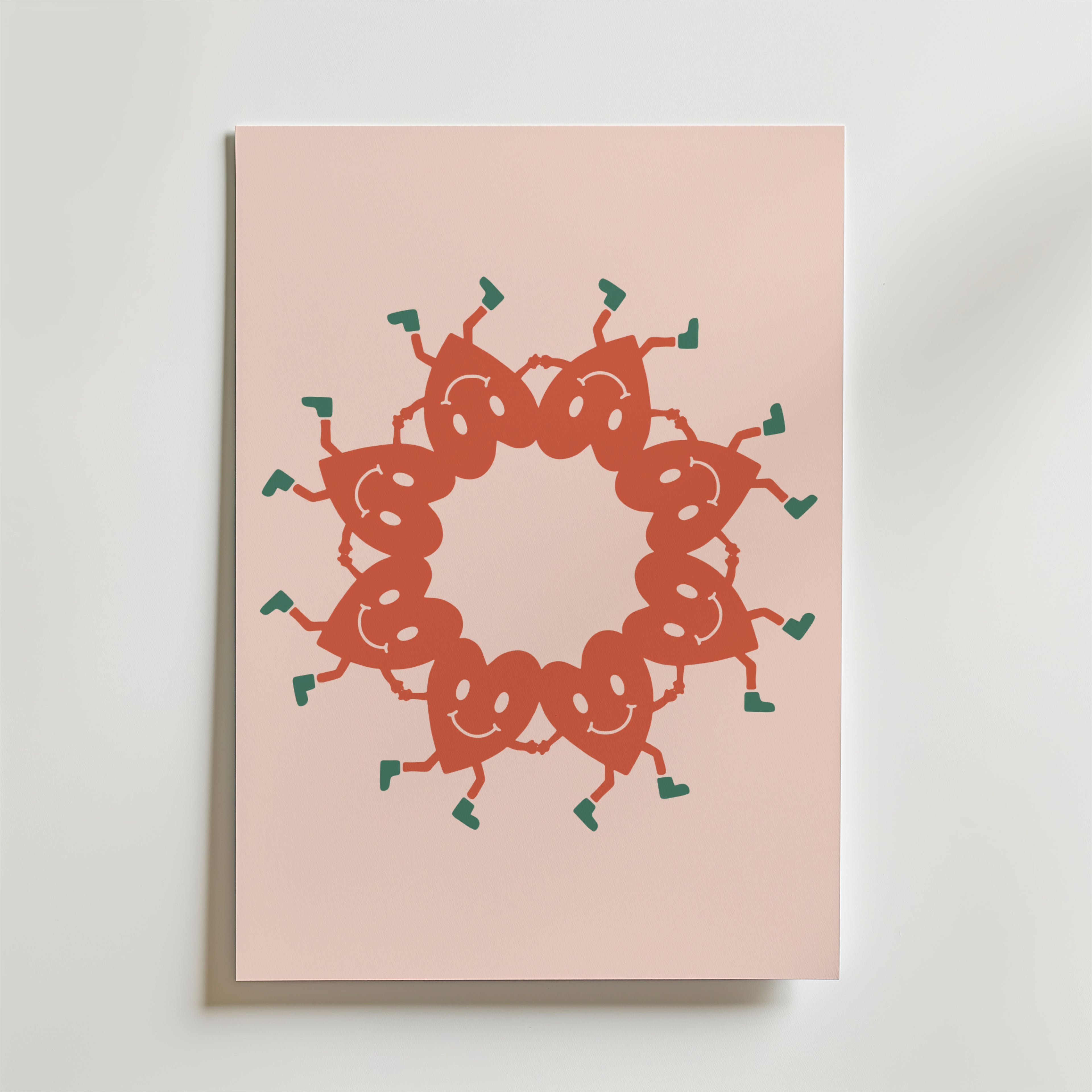 Bozetto Loop of Sprouts Poster visar ett cirkelformat mönster av röda, leende seriefigurer med gröna skotten-stövlar som håller varandra i handen mot en ljusrosa bakgrund.