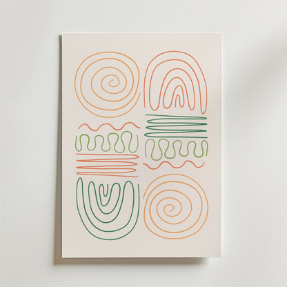 Bozetto Abstract Pastel Shapes Poster visar sex orange och gröna abstrakta former - spiraler, bågar och vågiga linjer - i ett 2x3 rutnät på en ren vit bakgrund, perfekt för moderna hem.