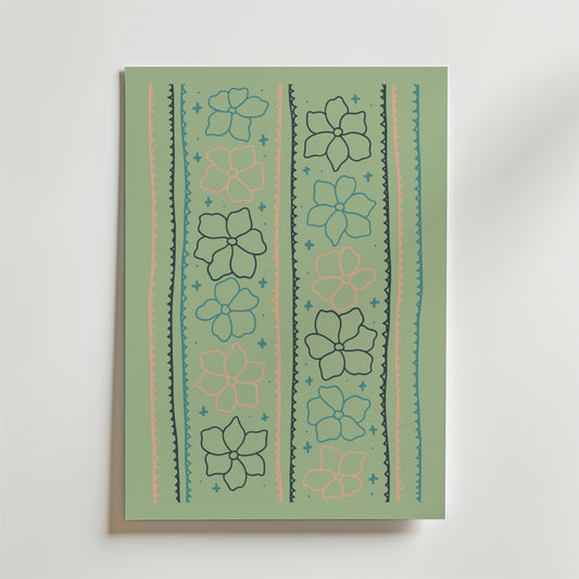 Bozetto Pastel Garden Lines Poster har en modern ljusgrön bakgrund med vertikala linjer, pastellfärgade accenter, rosa och mörkgröna blomsterillustrationer, blå stjärnor och vågiga dekorativa kanter i blått och persika.