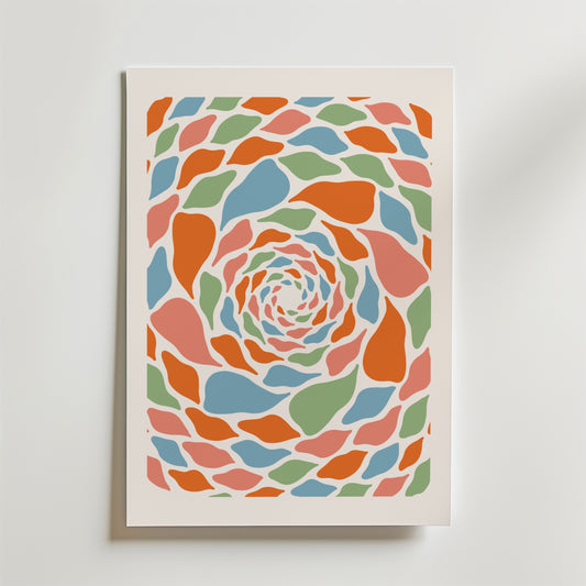 Mosaic Swirl Poster från Bozetto har färgglada, virvlande former i orange, blått, rosa och grönt som bildar ett hypnotiskt mönster på en vit bakgrund. Postern visas i en enkel vit ram och är perfekt för moderna utrymmen.
