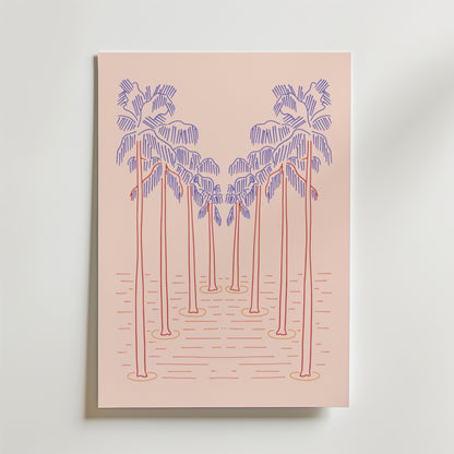 Bozetto Palm Dream Sunset Poster är en minimalistisk pastellprint med åtta stiliserade palmer i rosa och lila linjer, placerade i två rader ovanför vågiga linjer på en ljus persikobakgrund, som ger semesterkänsla till ditt rum.