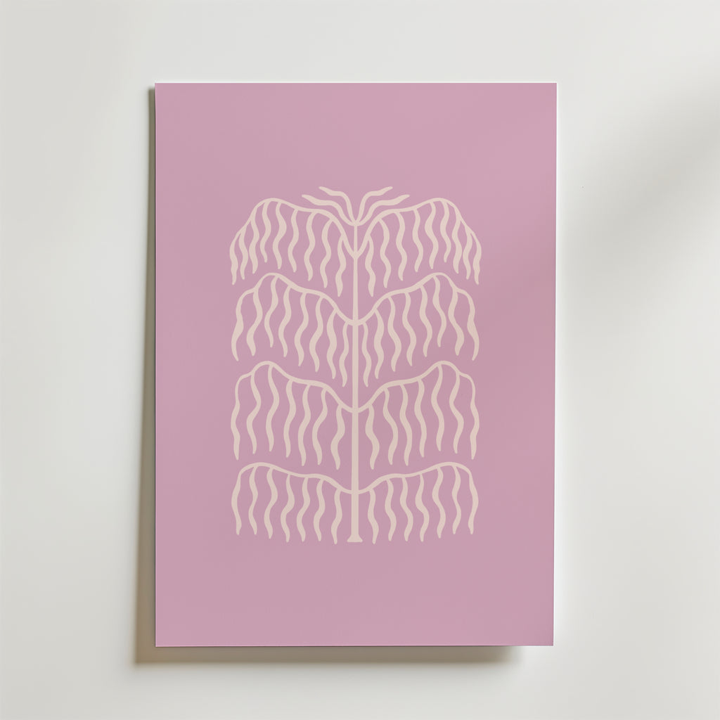 Lilac Botanical Form Poster från Bozetto visar en minimalistisk, abstrakt växtdesign i vita linjer på en ljusrosa bakgrund, perfekt för att ge modern, harmonisk inredning till alla rum.