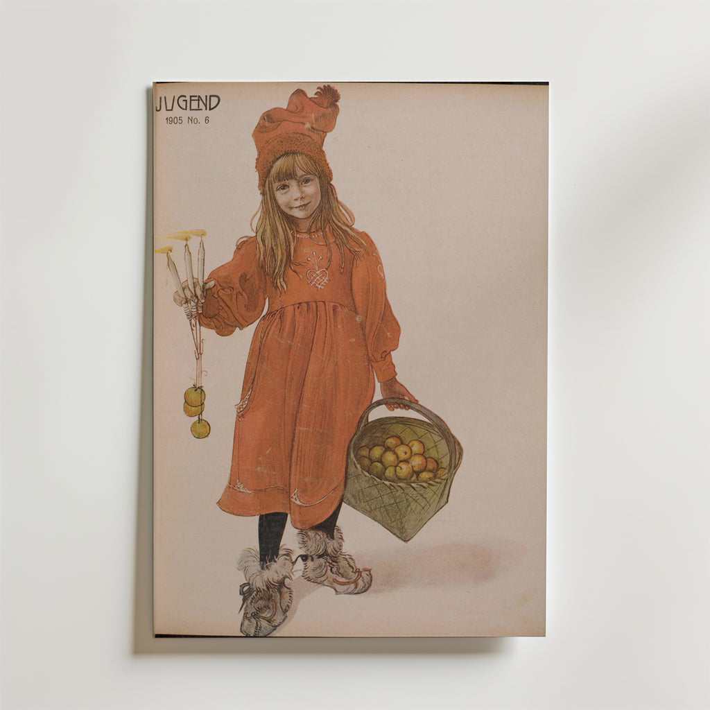 Bozetto Carl Larsson Brita as Iduna Poster visar en ung flicka i orange klänning och hatt med en korg äpplen och en leksakspinne, inspirerad av nordisk konst. "JUGEND 1905 No. 6" står det i övre vänstra hörnet.