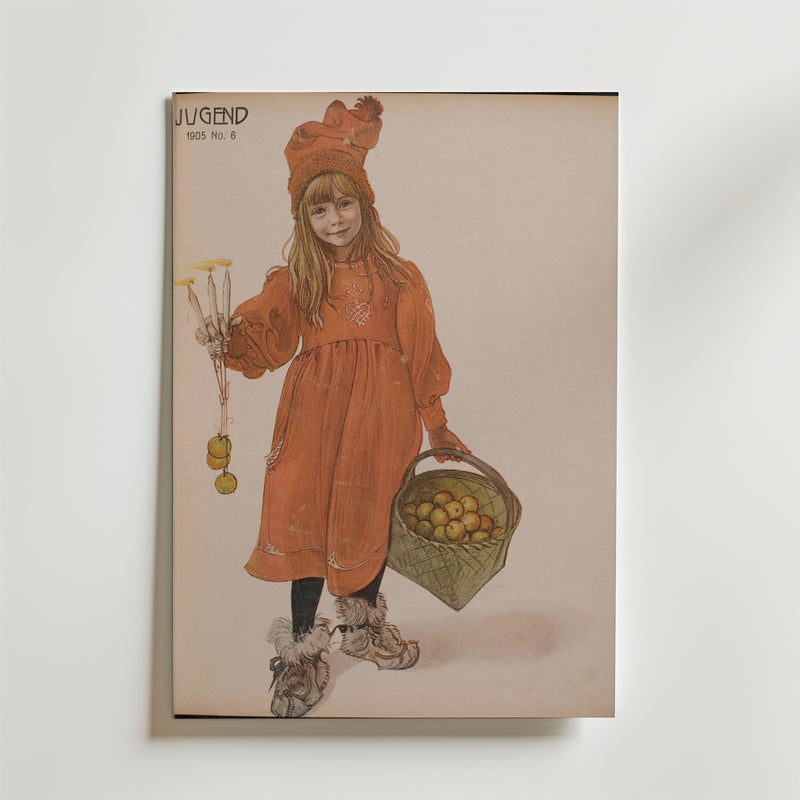 Bozetto Carl Larsson Brita as Iduna Poster visar en ung flicka i orange klänning och hatt med en korg äpplen och en leksakspinne, inspirerad av nordisk konst. "JUGEND 1905 No. 6" står det i övre vänstra hörnet.