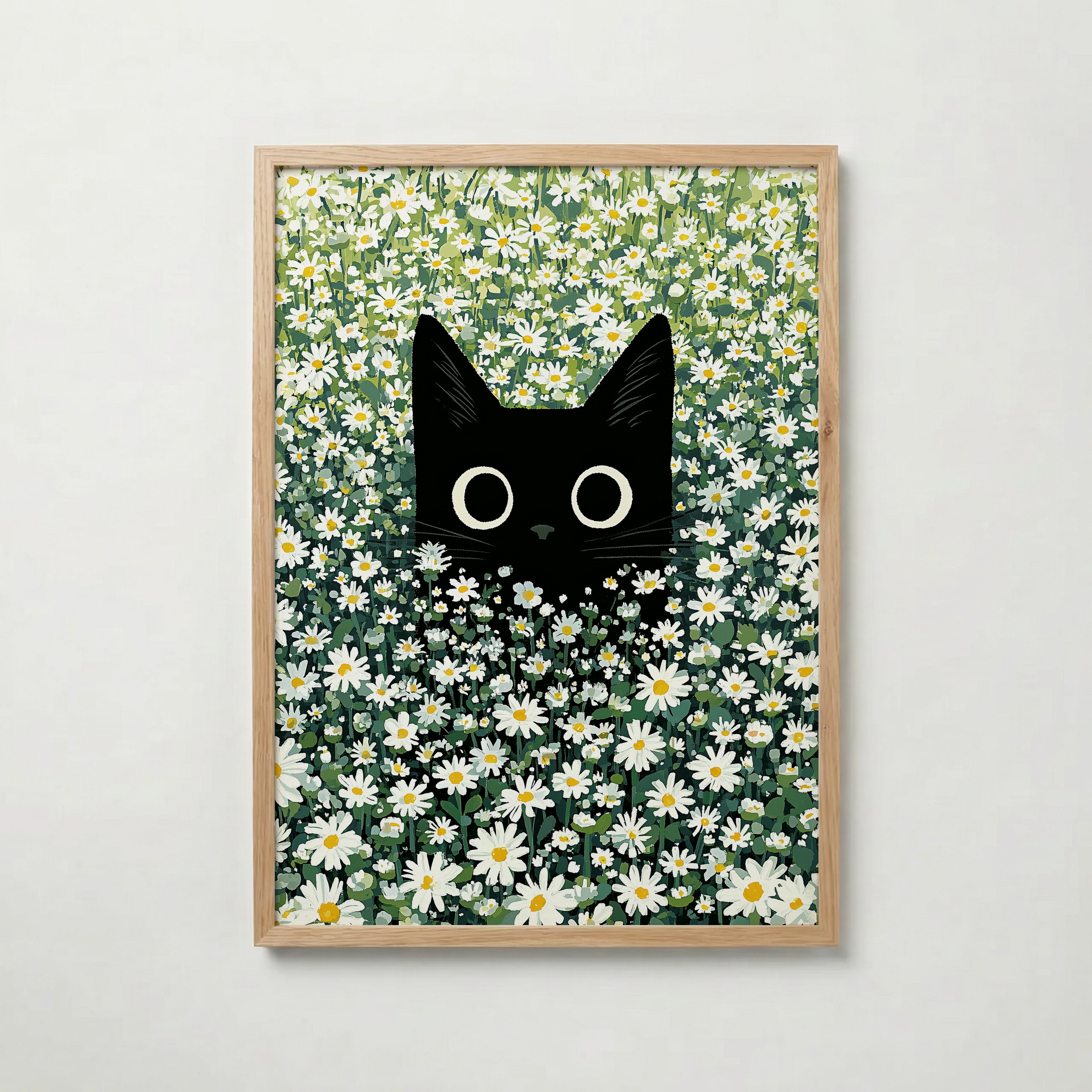 Cat in Green Grass Poster – svart katt bland vita prästkragar i ekram, väggkonst från Bozetto