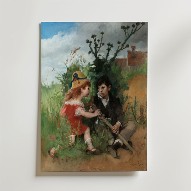 Carl Larsson Clair Obscur Poster by Bozetto föreställer en ung flicka i rött som ger en pinne till en sittande pojke bland vildblommor och högt gräs, med en blå himmel och hus, tryckt på FSC-certifierat premiumpapper för bästa kvalitet.