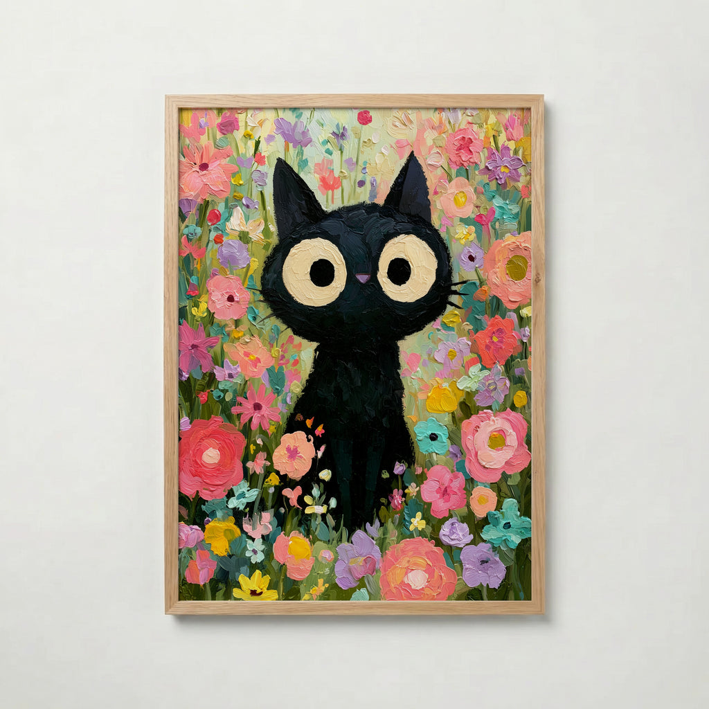 Colorful Cat in Bloom Poster – svart katt i färgsprakande blomhav i ekram, väggkonst från Bozetto