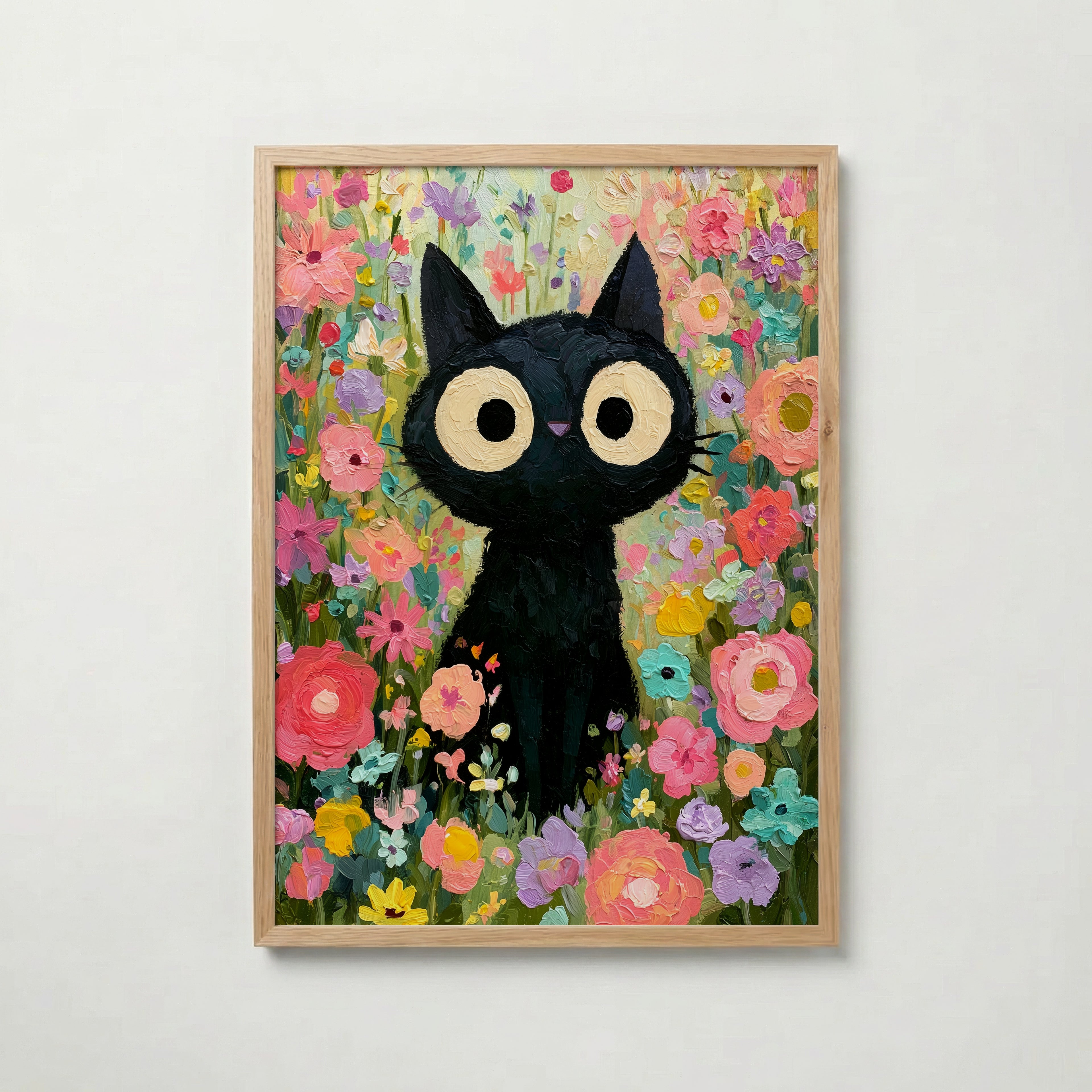Colorful Cat in Bloom Poster – svart katt i färgsprakande blomhav i ekram, väggkonst från Bozetto