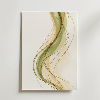 Abstract Stings Poster by Bozetto har gröna och beige vågiga linjer på en ljus bakgrund, tryckt på premiumpapper för en högkvalitativ finish som förstärker konstverkets rörelse och elegans.