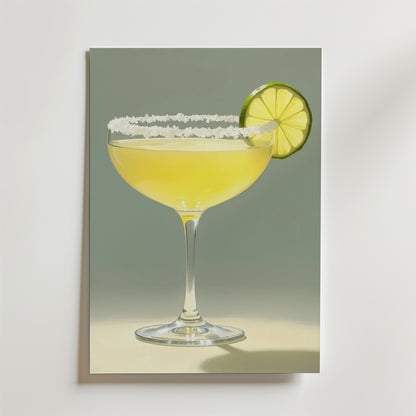 Bozetto Golden Margarita Drink Poster föreställer ett cocktailglas med en gul drink, limehjul och saltkant mot en ljus bakgrund - perfekt för att skapa en levande stil i ditt rum.