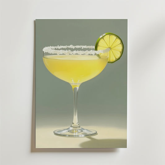 Bozetto Golden Margarita Drink Poster föreställer ett cocktailglas med en gul drink, limehjul och saltkant mot en ljus bakgrund - perfekt för att skapa en levande stil i ditt rum.