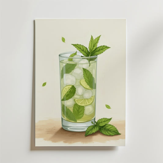 Bozetto Iced Mojito Drink Poster visar ett glas fyllt med is, limeskivor och färska myntablad, med mer mynta och lime i botten, allt tryckt på premiumpapper med högkvalitativ finish.
