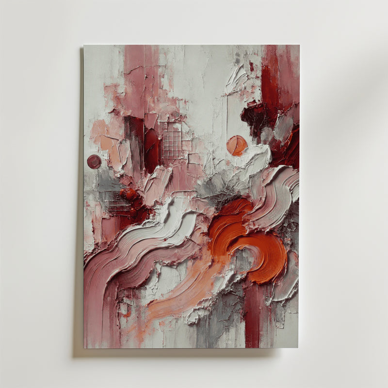 Bozetto Fluid Geometry Poster har texturerade virvlar och djärva böjda linjer i rött, orange, rosa och vitt på matt premiumpapper, vilket skapar en slående abstrakt look med skiktade, grova ytor.