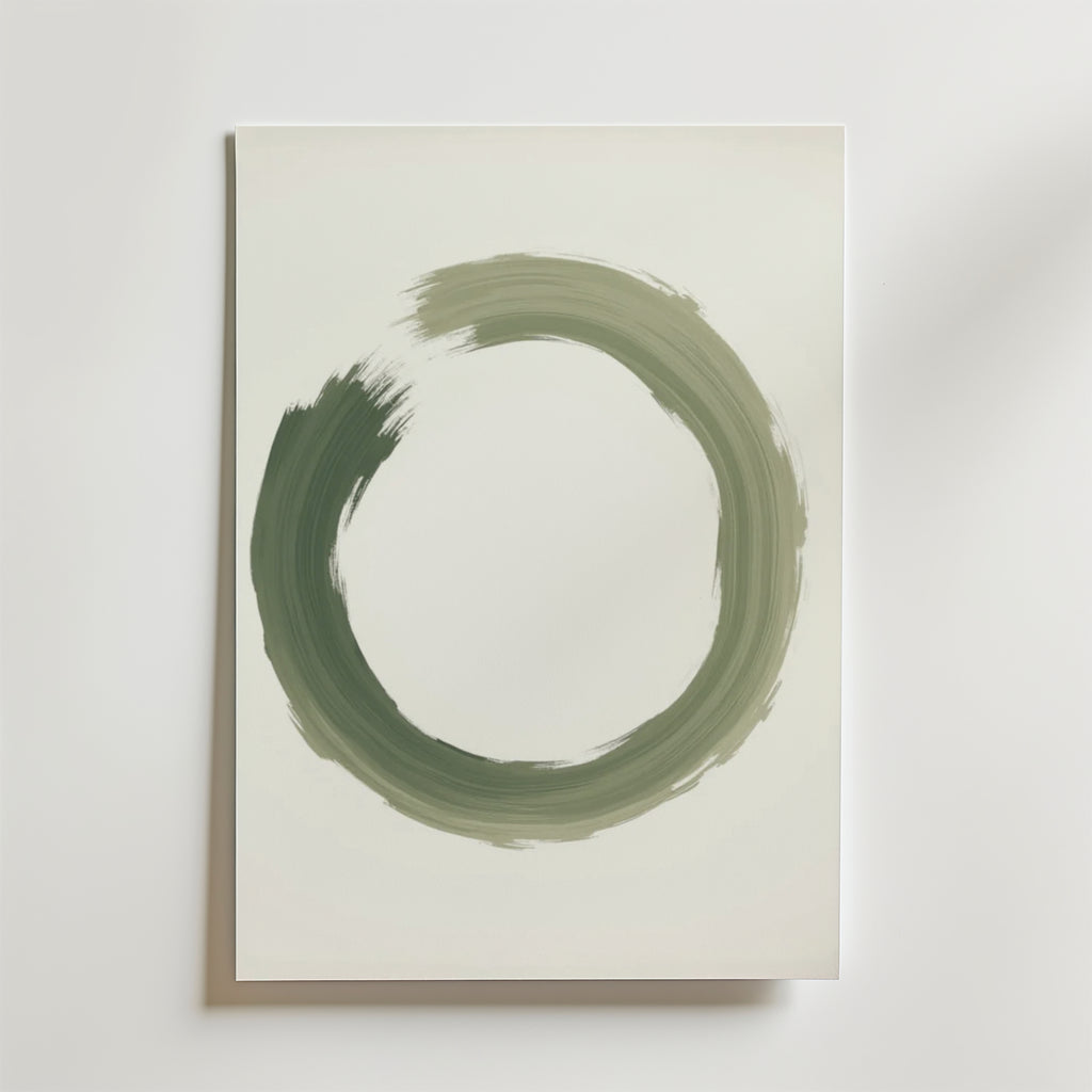 Bozetto Abstract Round Shape No.3 Poster visar en minimalistisk grön cirkel med djärva penseldrag på premiumpapper, perfekt för att ge modern stil till alla inredningar.