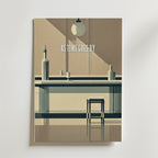 Bozetto As Time Goes By Poster på premiumpapper föreställer en bar med flaskor, pall och hängande lampa. Texten "AS TIME GOES BY" sticker ut i stora vita bokstäver på en beige och grå bakgrund.