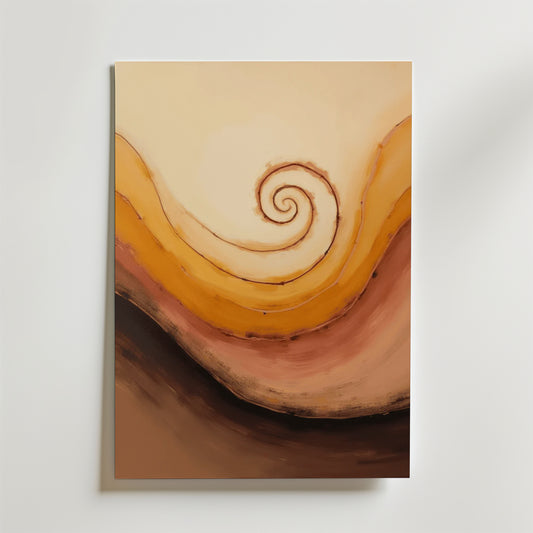 Spiral of Earth Poster by Bozetto visar upp varma bruna, orangea och beige toner med en central spiral som liknar ett berg eller en våg. Affischen är tryckt på premiumpapper och är en unik inredningsdetalj för alla utrymmen.