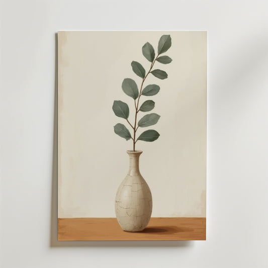 Bozetto Ceramic Crackle Vase Poster visar en minimalistisk lövgren i en enkel vas med en lyxigt matt yta, placerad på trä mot en ljus bakgrund.