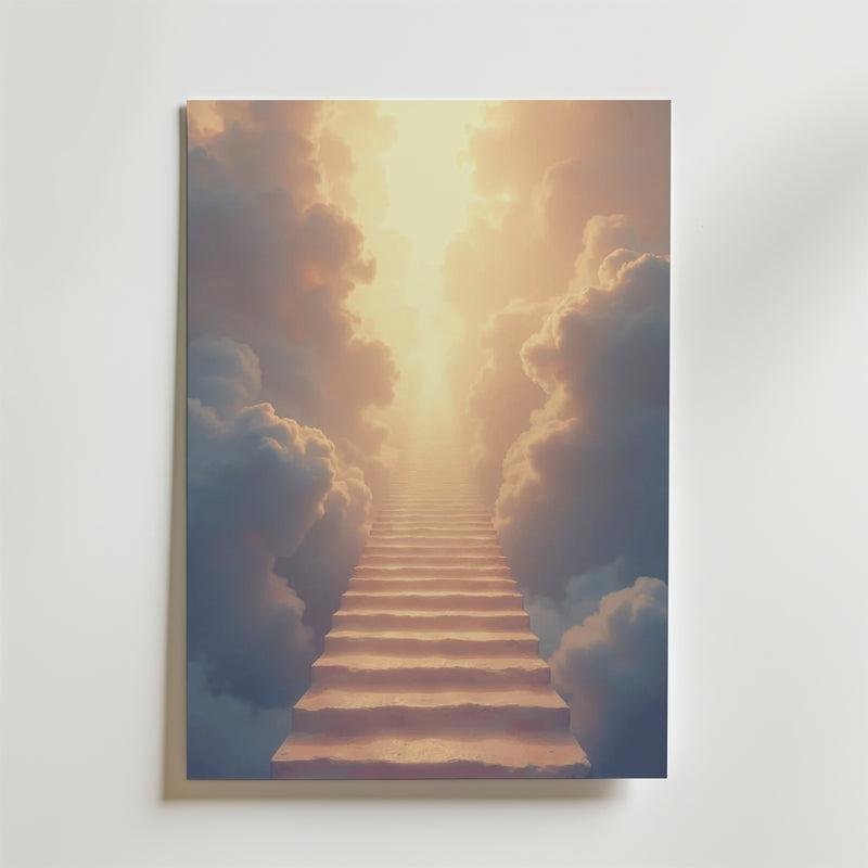 Heaven's Architecture Poster by Bozetto visar en trappa som stiger genom moln mot gyllene ljus och skapar en drömsk, himmelsk atmosfär. Tryckt som en elegant inredningsdetalj på FSC-certifierat premiumpapper.
