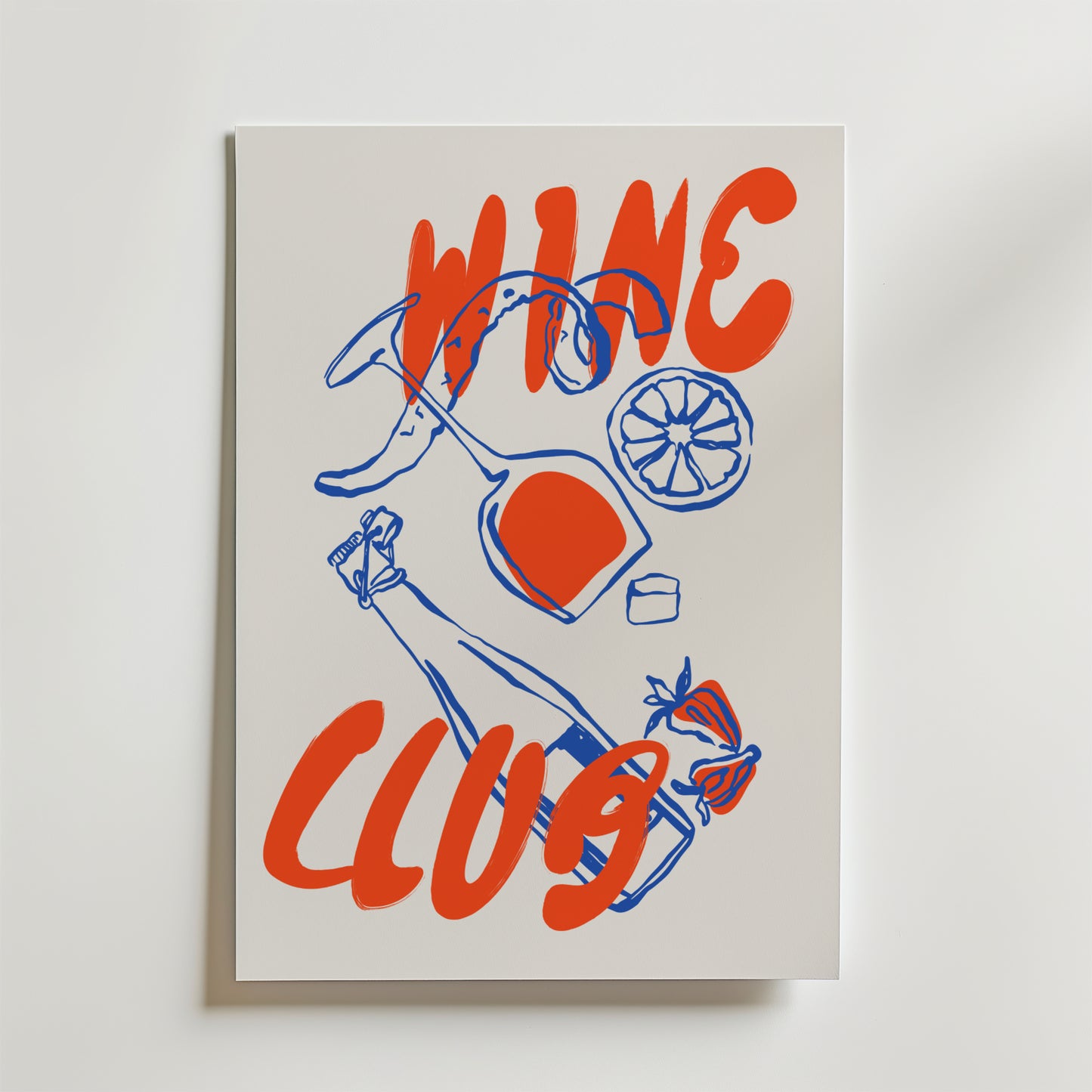 Brewed Bonds Poster by Bozetto har röd text "WINE CLUB" och blå skisser av ett vinglas, en korkskruv, en kork, en citronskiva, en vinflaska och jordgubbar på en vit bakgrund - perfekt för att fira tillsammans.