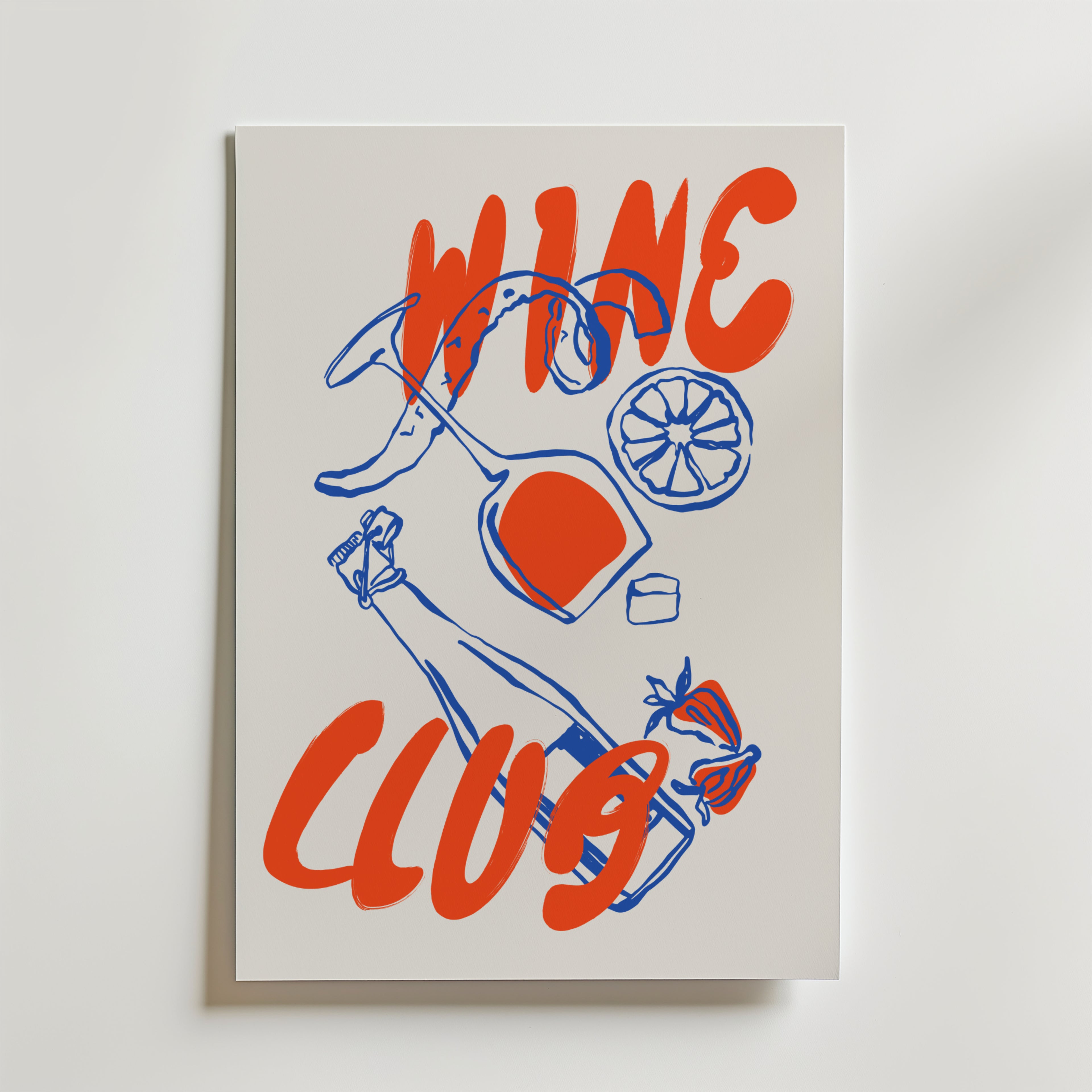 Brewed Bonds Poster by Bozetto har röd text "WINE CLUB" och blå skisser av ett vinglas, en korkskruv, en kork, en citronskiva, en vinflaska och jordgubbar på en vit bakgrund - perfekt för att fira tillsammans.