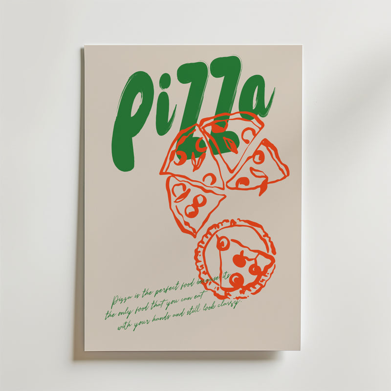 Cheesy Dreams Poster från Bozetto har "Pizza" i feta gröna bokstäver, röda linjer av pizzaslices och en hel pizza samt grön kursiv längst ner - perfekt inredning för alla som älskar god mat eller pizza.