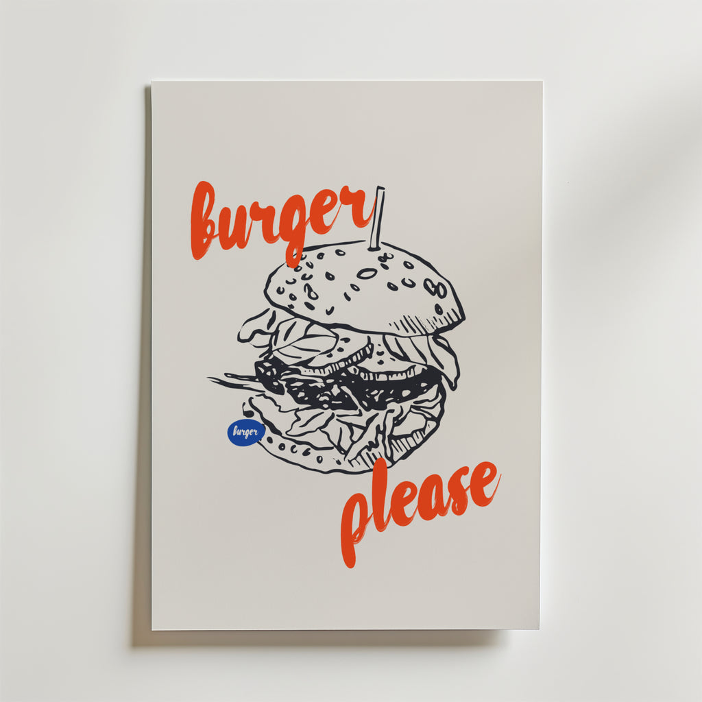 Bozetto "Burger Please Poster" har en hamburgerteckning i svart linje på en vit bakgrund med orange kursiv text - perfekt köksdekoration för alla moderna kök.