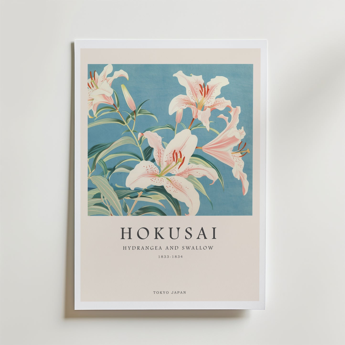 Bozetto Hokusai Lily Poster visar vita liljor med gröna blad och rosa toppade kronblad på en blå bakgrund. Text nedan: HOKUSAI HORTENSIA OCH SVALA 1833-1834 TOKYO JAPAN.