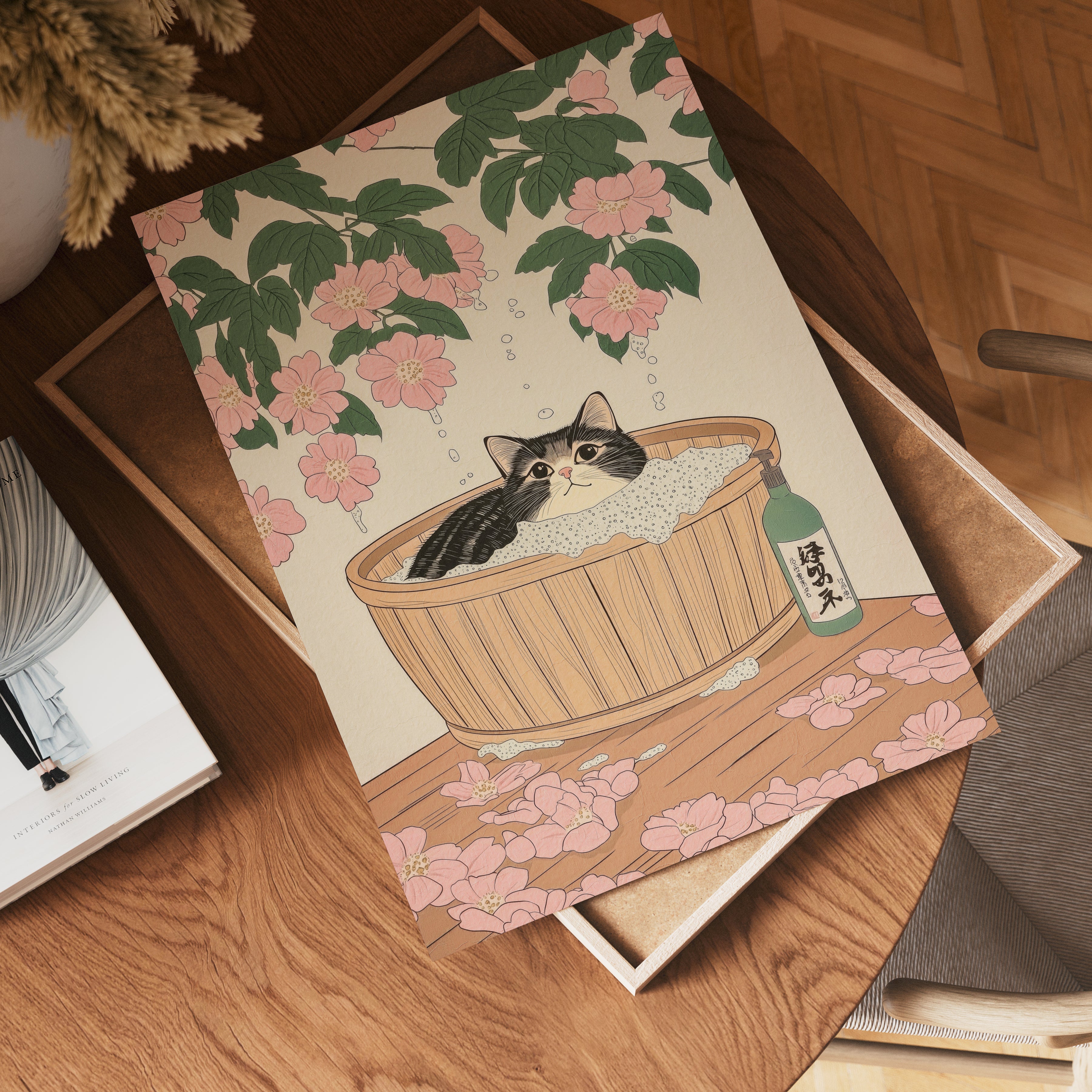Cat In Sakura Bath Poster